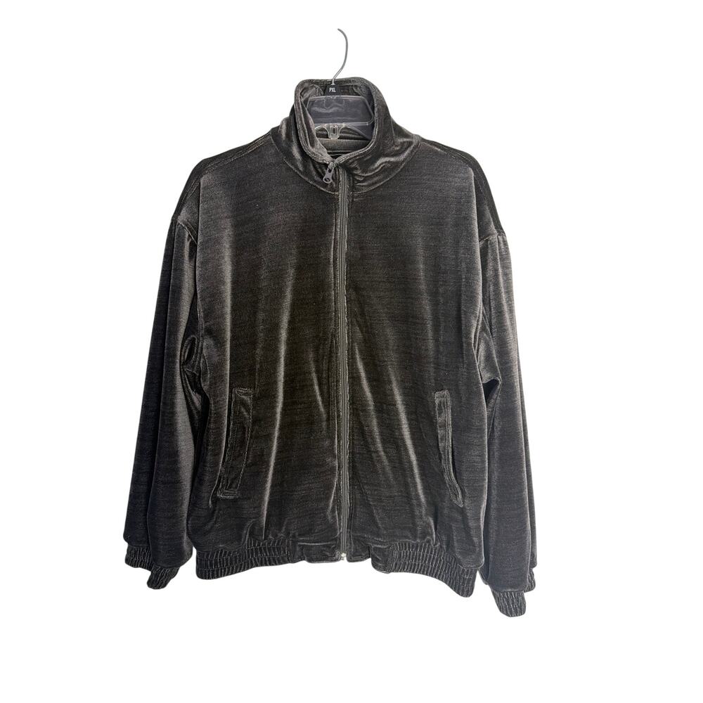 Vintage Fu Da Sport Velour Full Zip Jacket Womens Size L Charcoal Gray Mock Neck